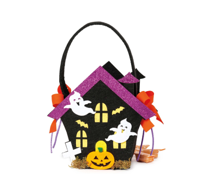 Cesto fieltro casa Halloween tejado lamé 10 caramelos - AHAD2