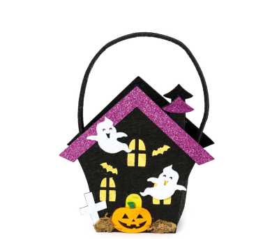 Cesto fieltro casita Halloween tejado lamé rosa 19x14x6x5 cm - AHA2