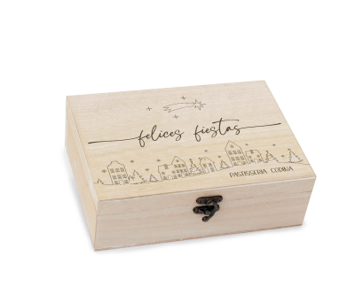 Cofre madera Felices Fiestas casitas personalizado 23x17cm - ANW58