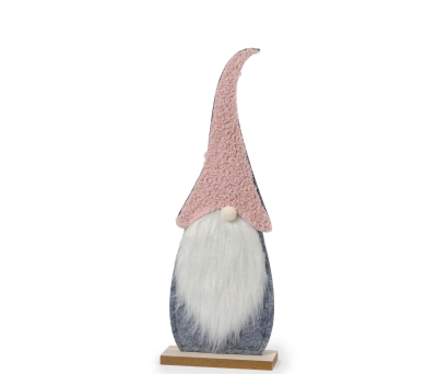 Figura Gnomo gorro rosa y base madera 40cm. - ANA134