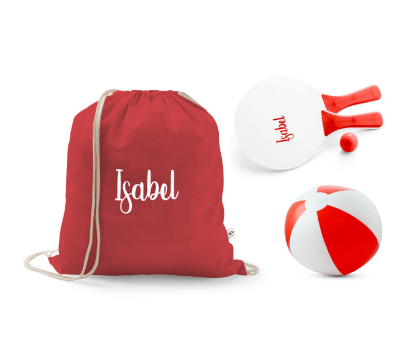 Set de playa color rojo con mochila, palas y pelota personalizado - Asetplayarojo